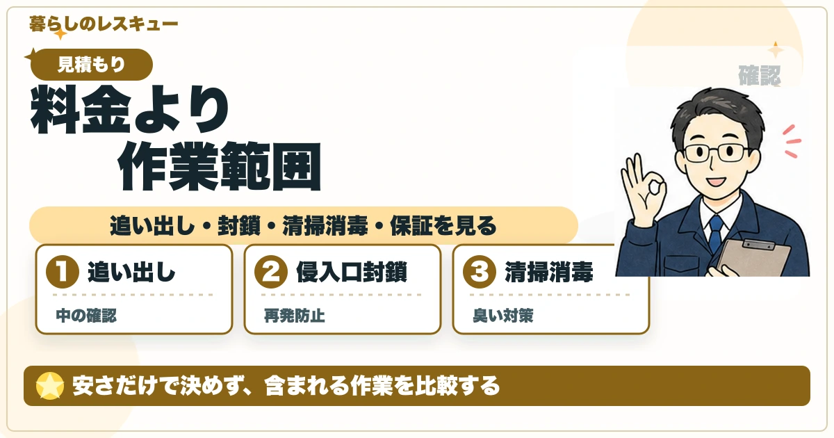 料金より作業範囲について、追い出し・封鎖・清掃消毒・保証を見るを整理する図解
