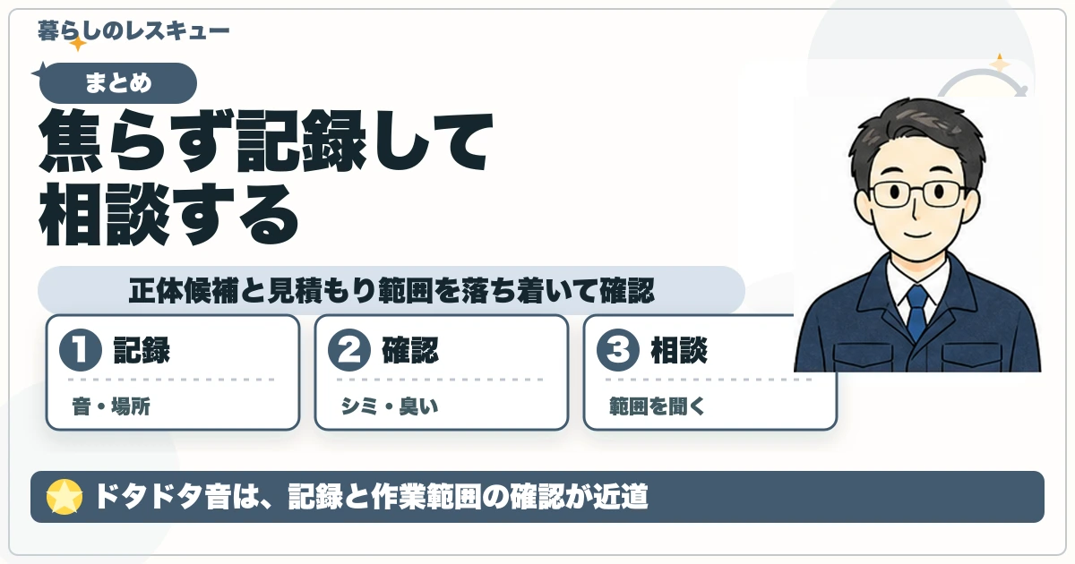 焦らず記録して相談するについて、正体候補と見積もり範囲を落ち着いて確認を整理する図解