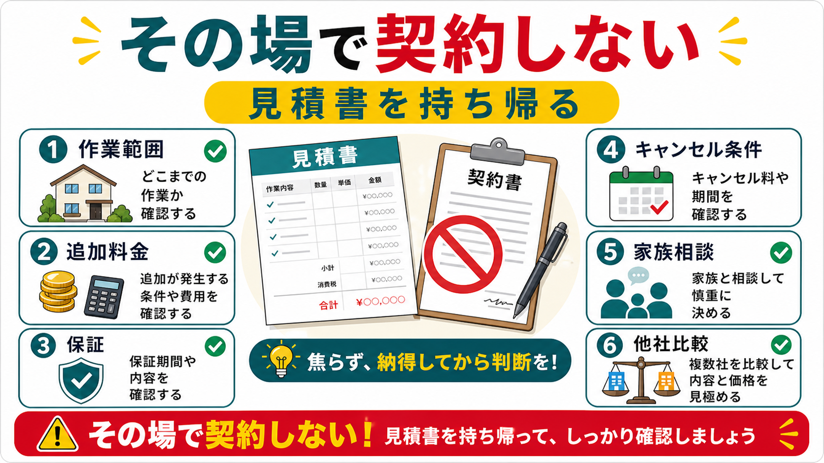 害獣駆除で高額請求が不安ならその場で契約せず見積書を持ち帰る図解