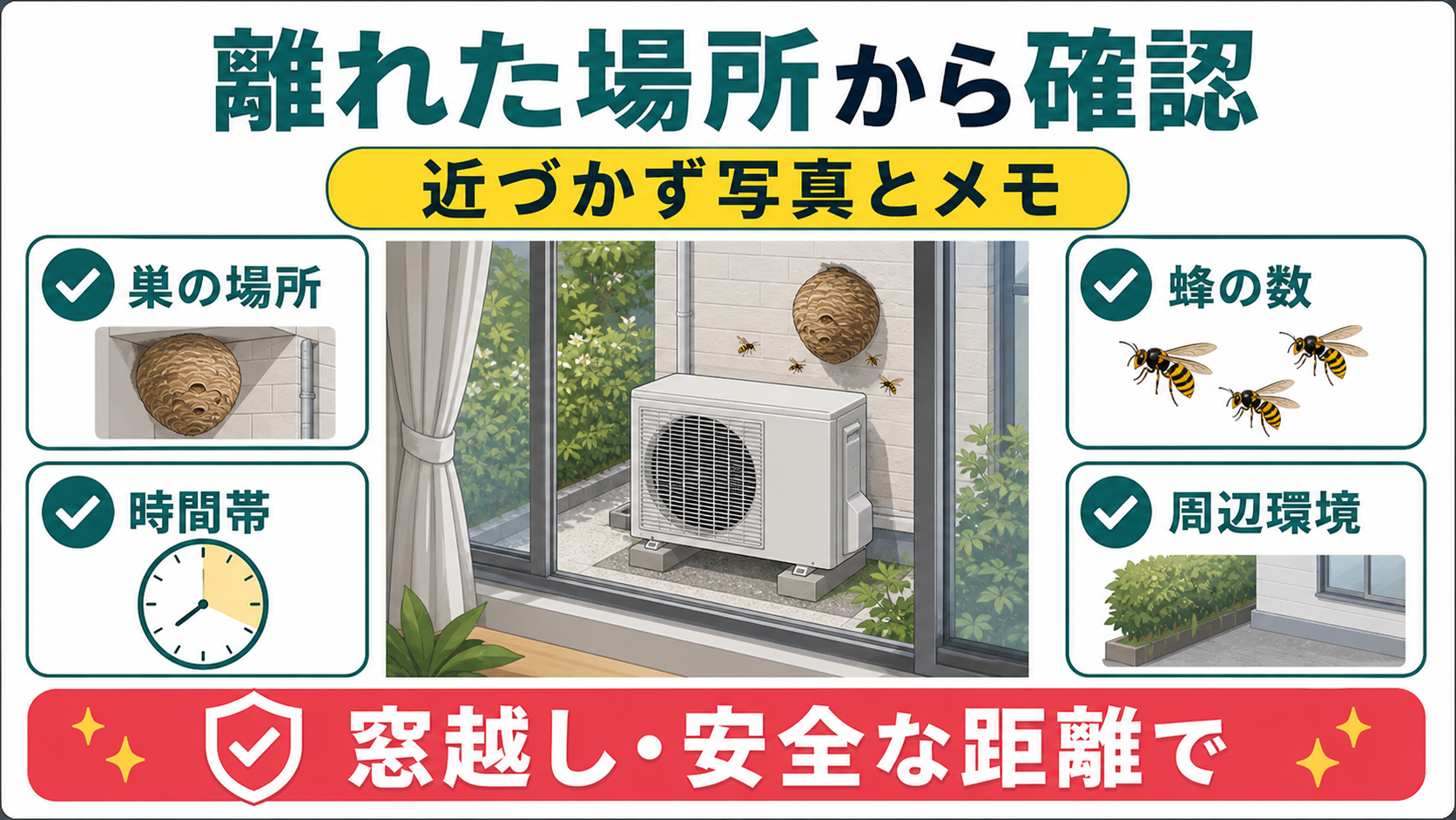 室外機の蜂の巣を離れた場所から確認する項目の図解
