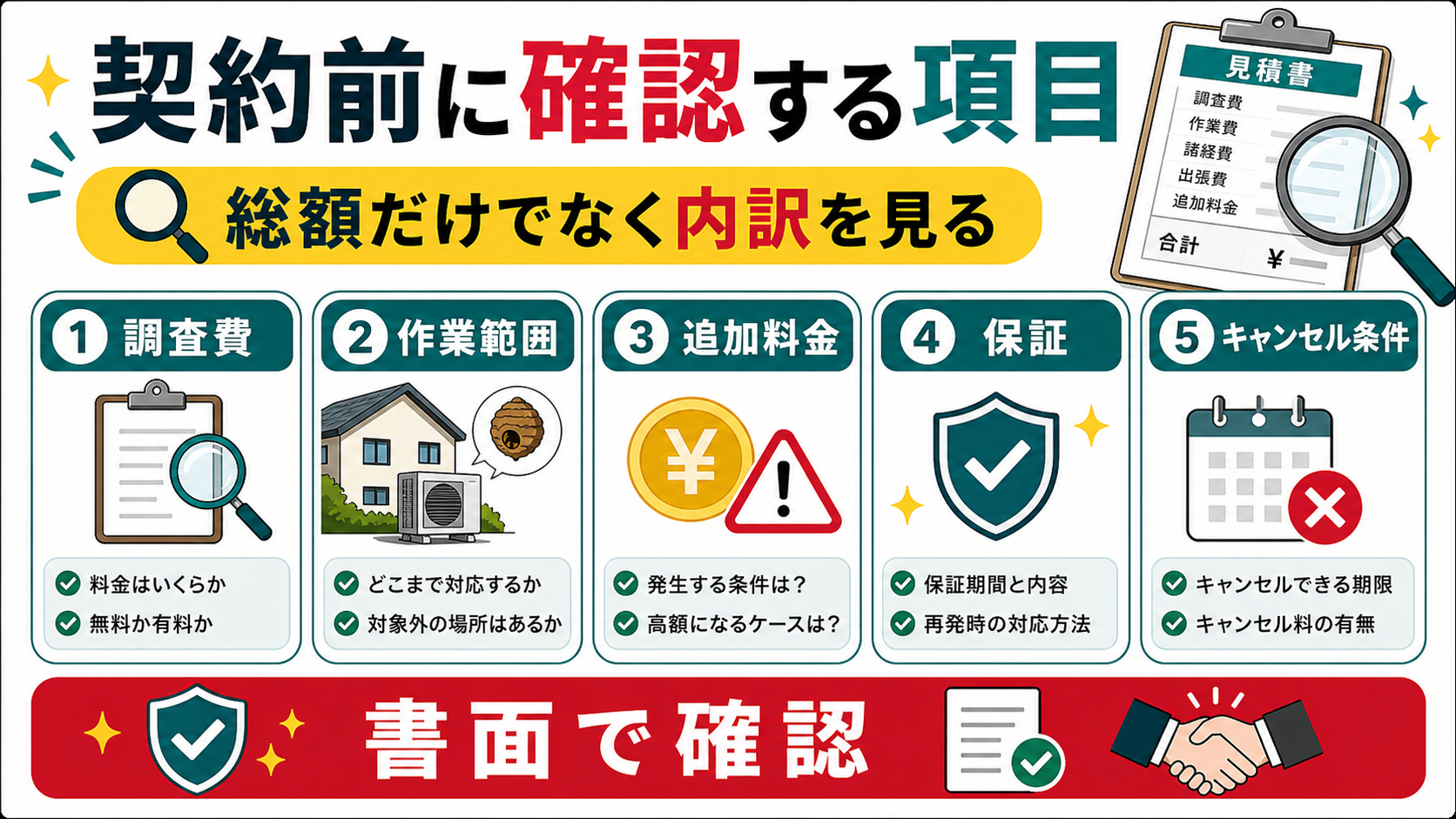 害獣駆除の契約前に見積書の内訳を確認する項目の図解