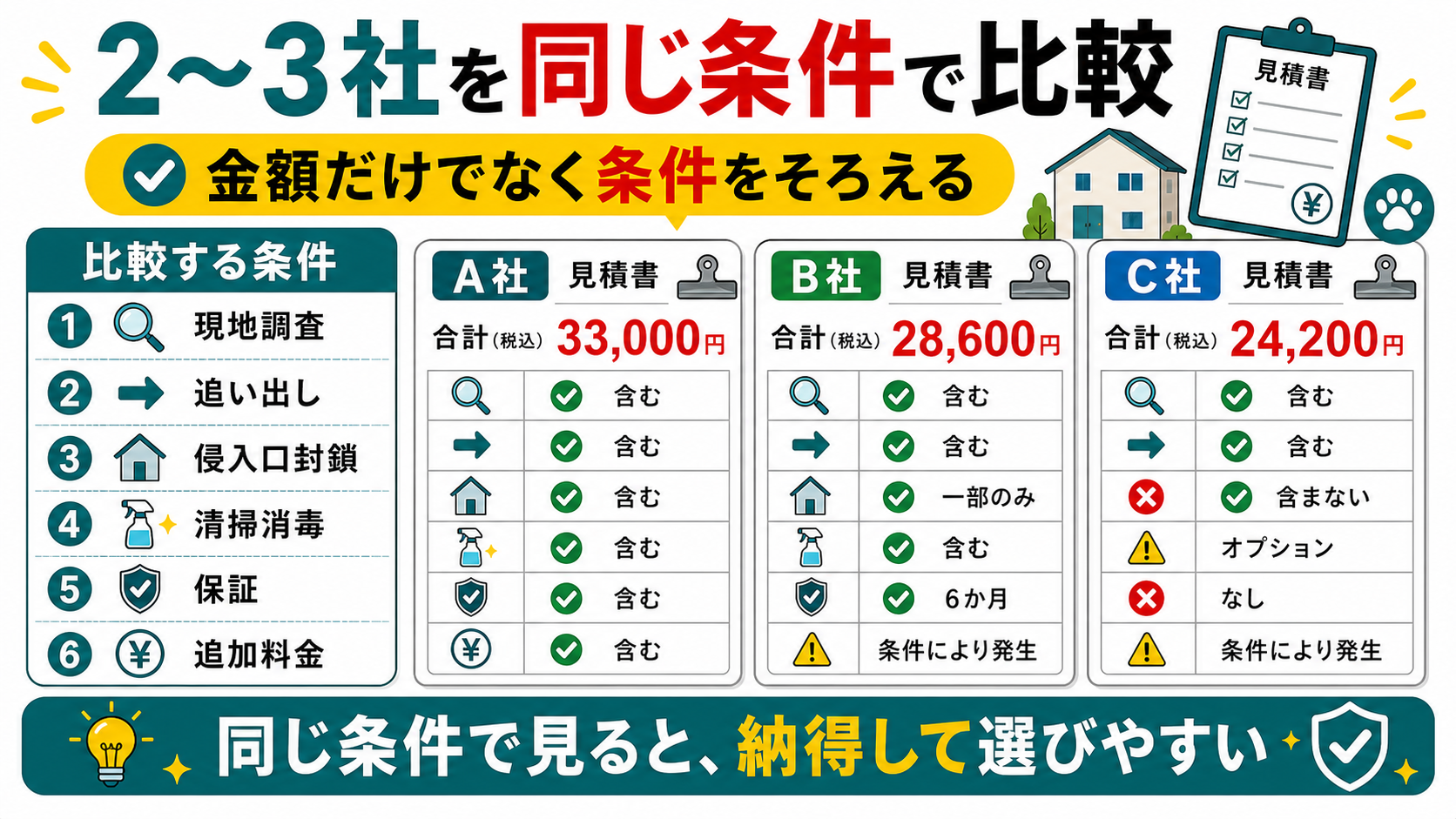 害獣駆除は二から三社を同じ条件で比較する図解