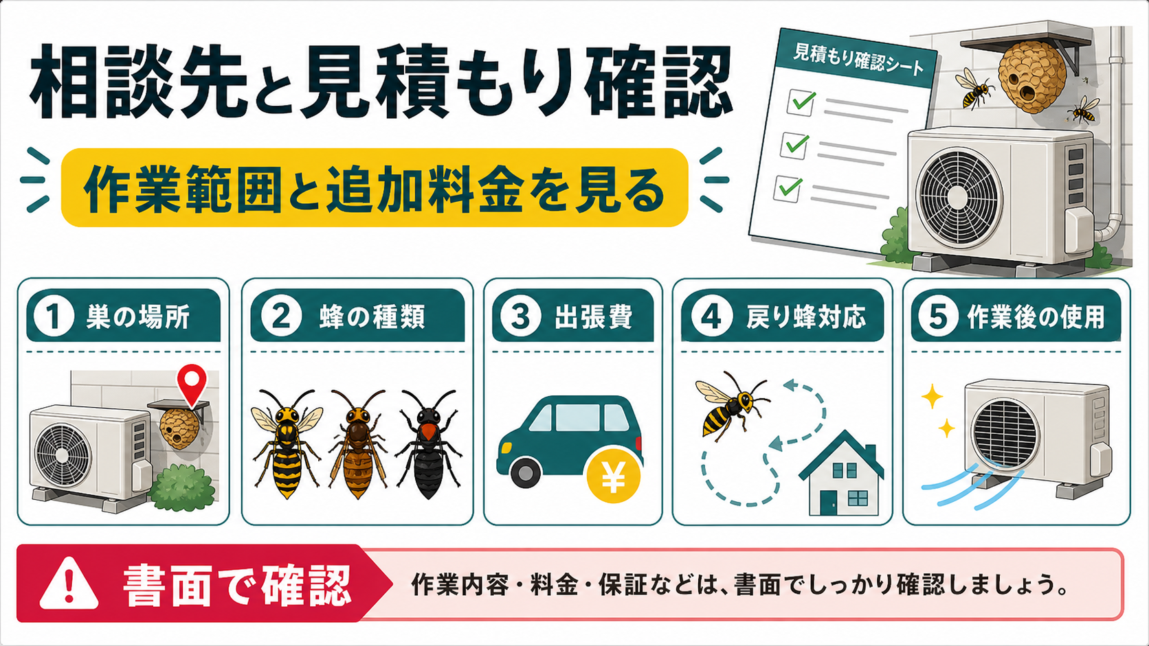 室外機の蜂の巣で相談先と見積もり確認項目を整理した図解