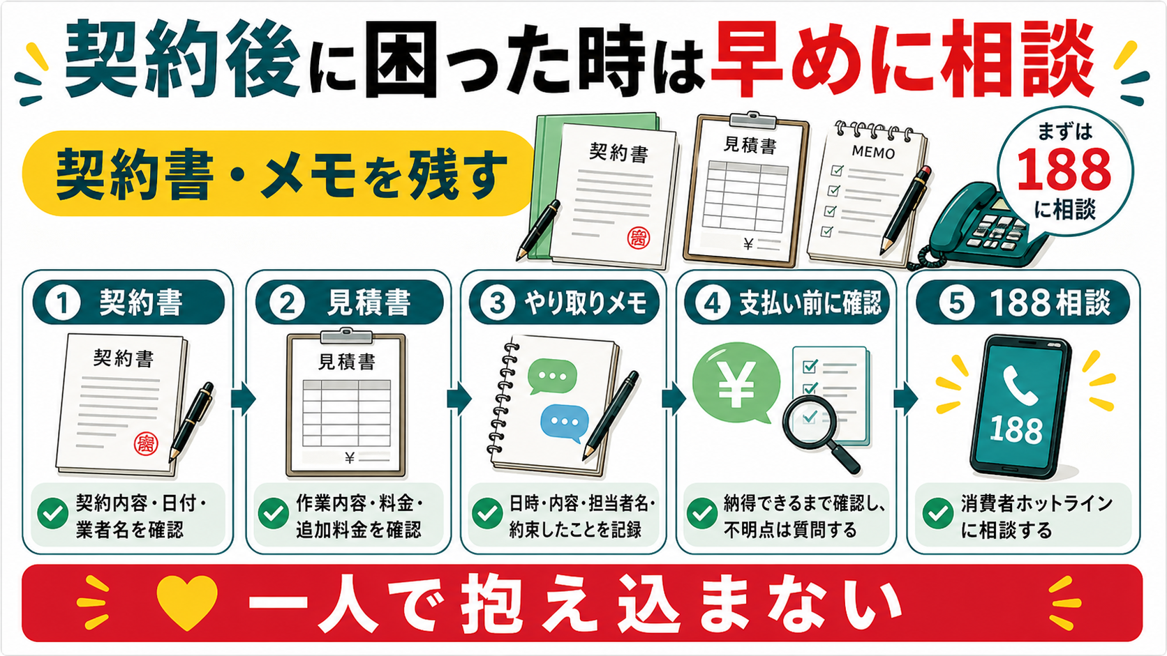 害獣駆除で契約後に困った時は契約書とメモを残して相談する図解