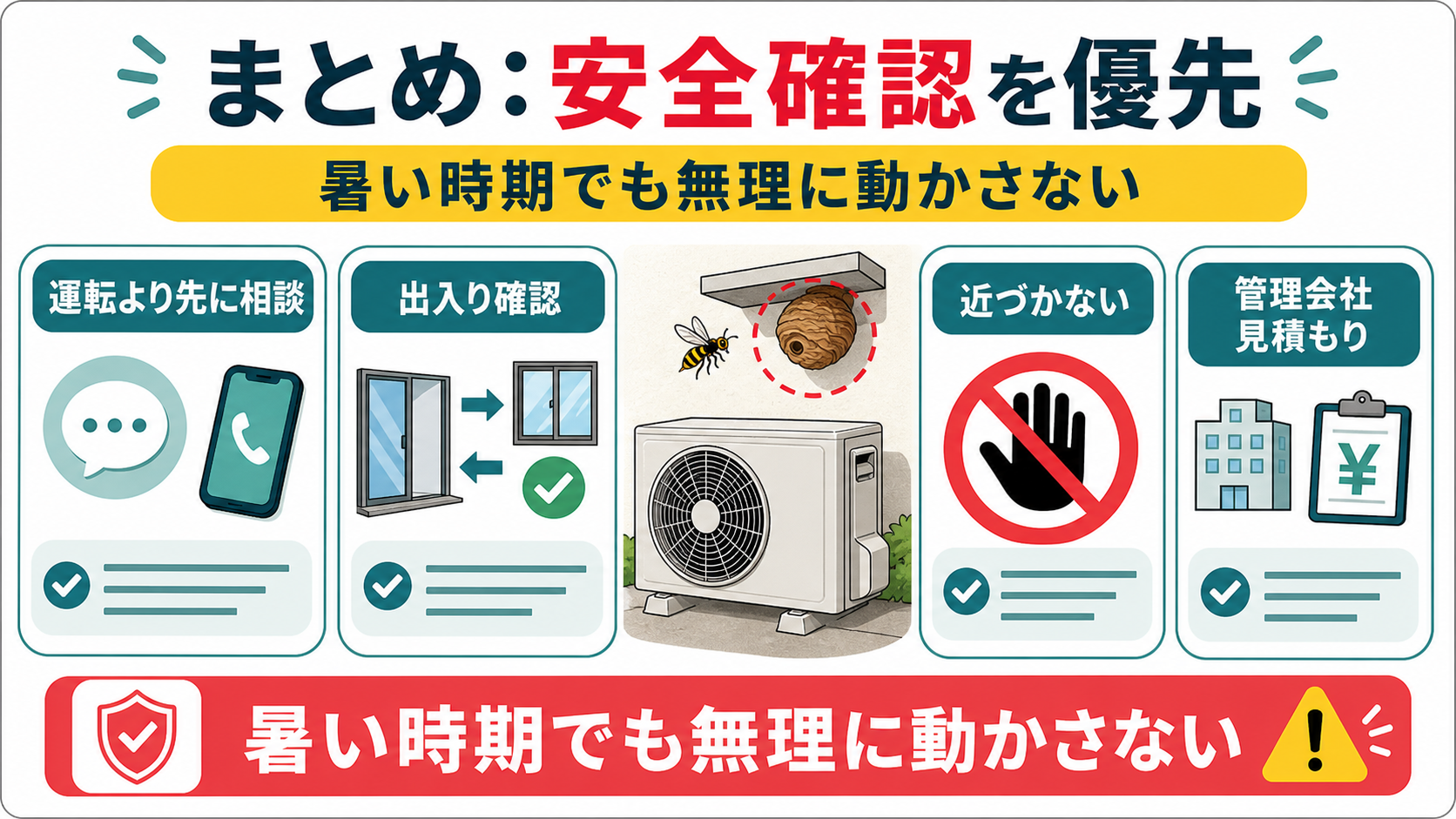 室外機の蜂の巣はエアコン運転より安全確認を優先するまとめ図解