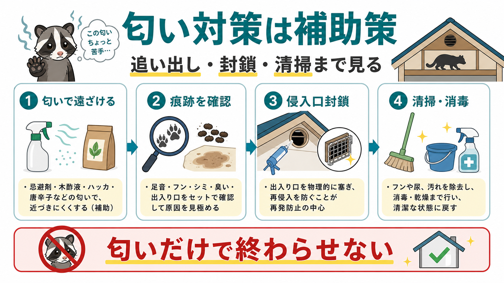 ハクビシンの匂い対策は補助策で追い出し封鎖清掃まで見る図解