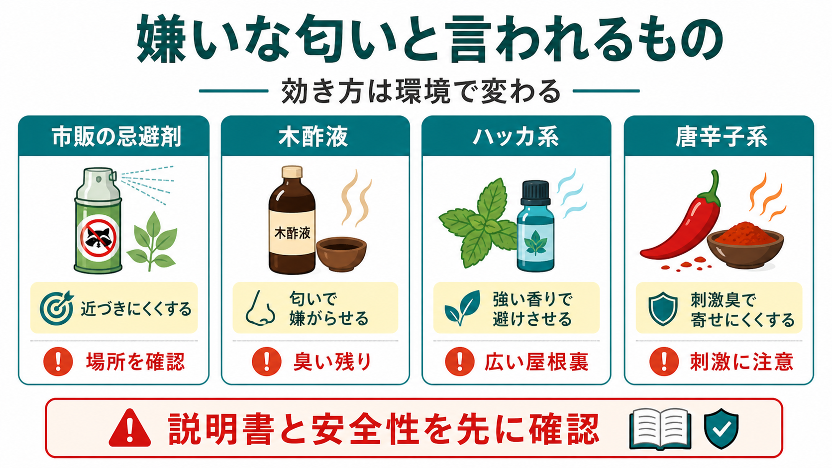 ハクビシンが嫌いな匂いと言われる忌避剤木酢液ハッカ唐辛子の注意点図解