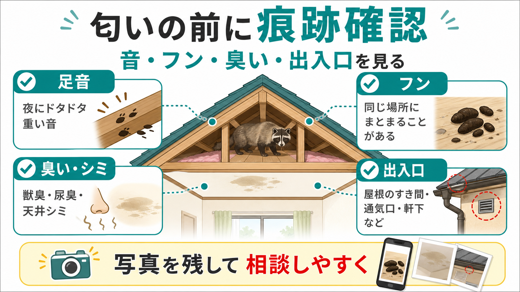 匂いを試す前にハクビシンの足音フン臭い出入口の痕跡を確認する図解