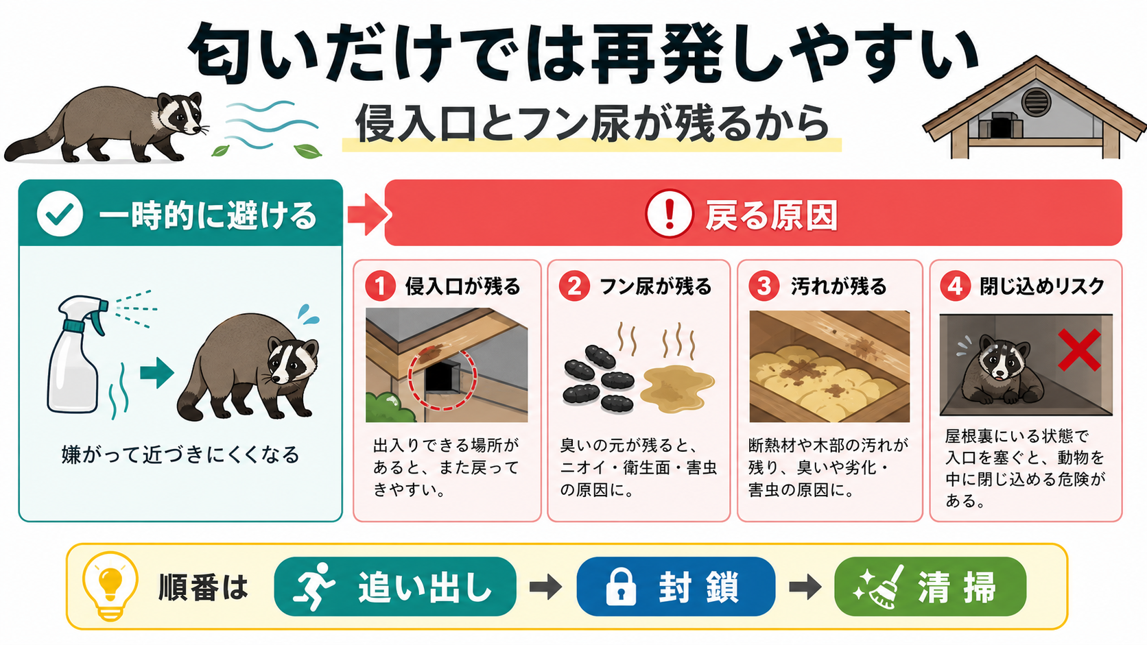 ハクビシン対策を匂いだけで済ませると再発しやすい理由の図解