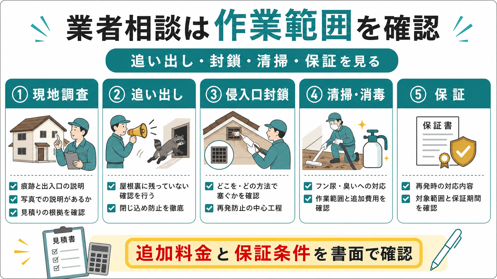 ハクビシン対策で業者相談時に現地調査追い出し封鎖清掃保証を見る図解
