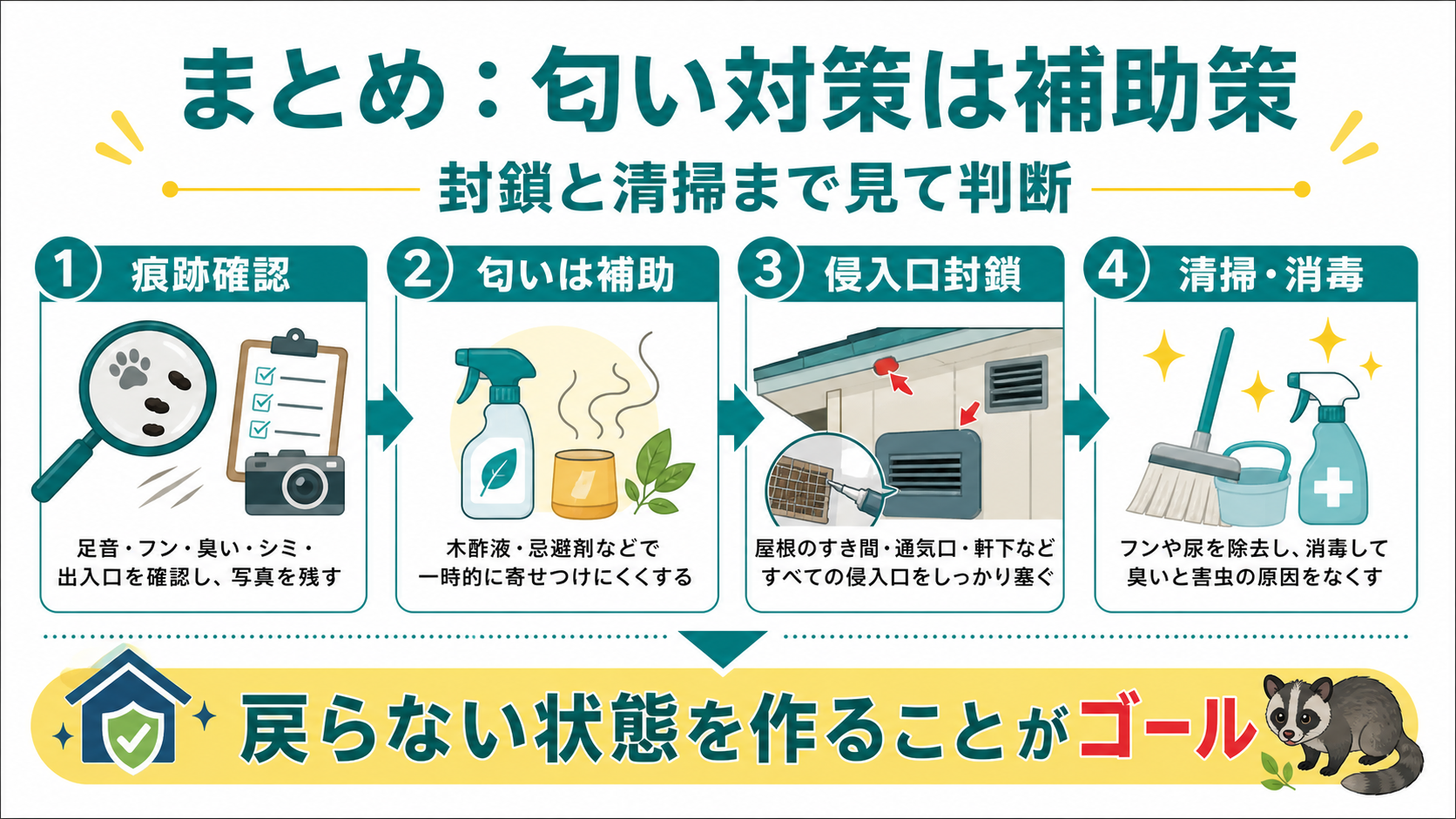 ハクビシンの匂い対策は補助策で封鎖と清掃まで見るまとめ図解