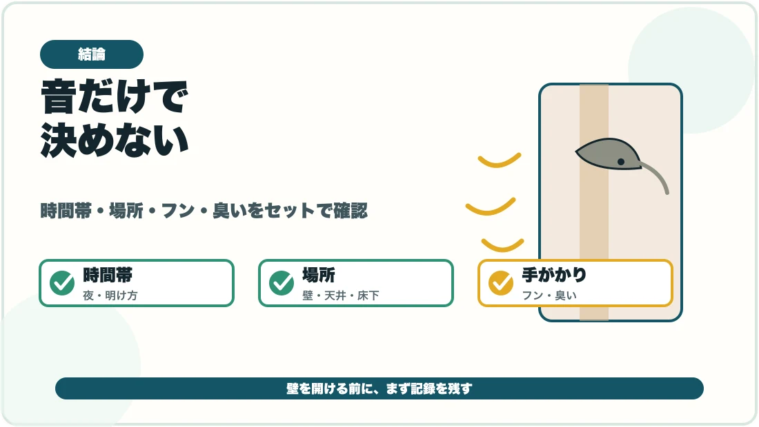 壁の中のカリカリ音を時間帯や場所や手がかりで確認する図解