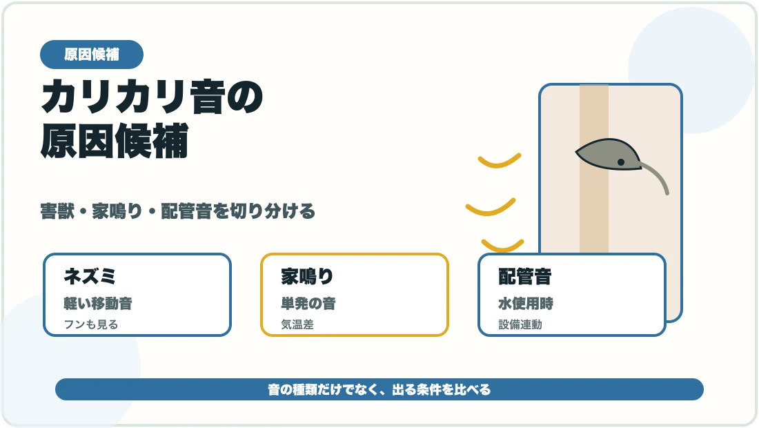 壁の中の音の原因候補をネズミ家鳴り配管音で比較する図解