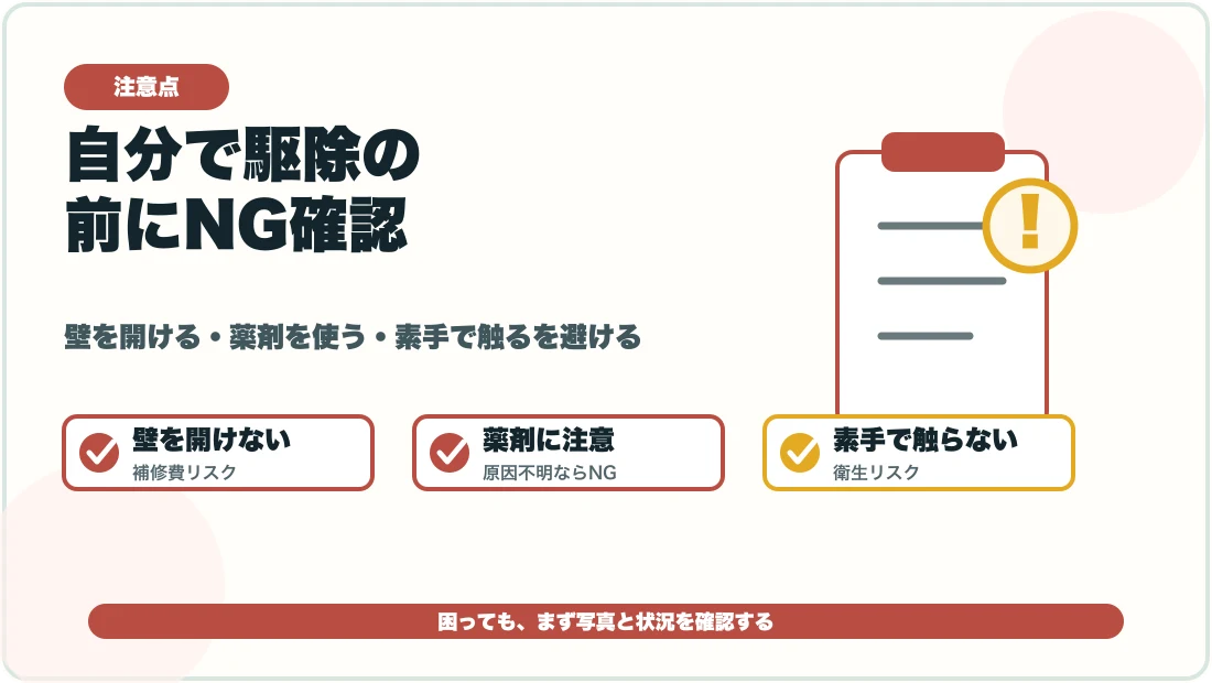 壁の中の音で自分で駆除する前に避けたい行動の図解