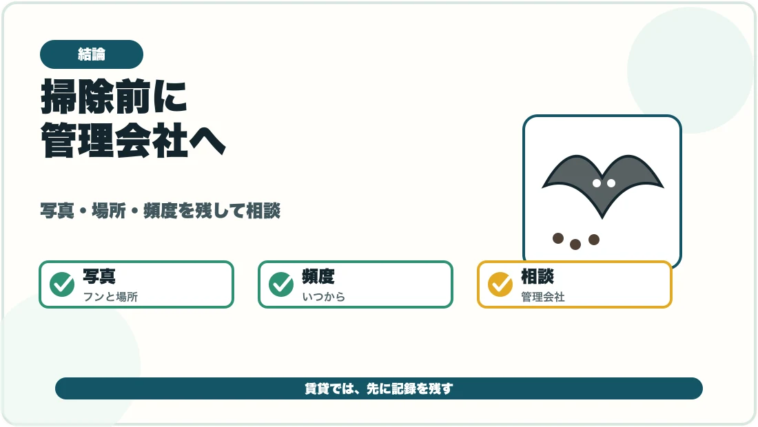 賃貸ベランダのコウモリのフンは掃除前に管理会社へ相談する図解