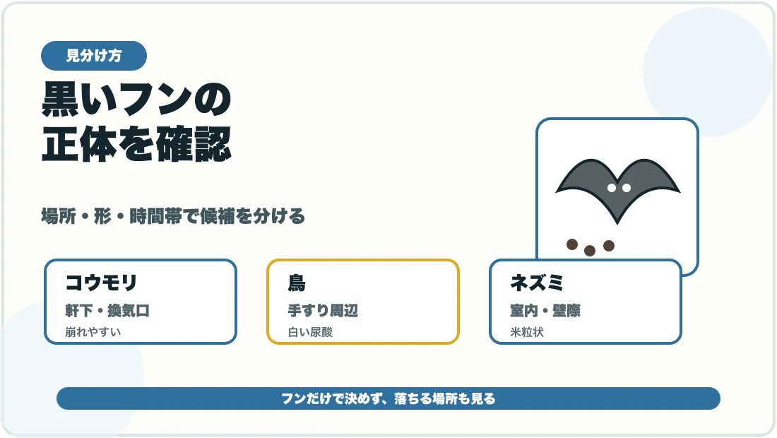 ベランダの黒いフンをコウモリ鳥ネズミで比較する図解