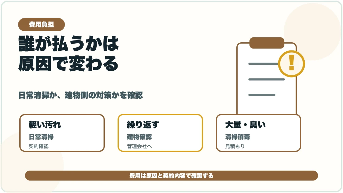 賃貸のコウモリのフン清掃と費用負担を確認する図解