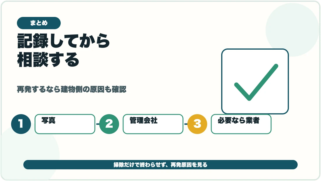 賃貸のコウモリのフンは記録して相談する流れの図解