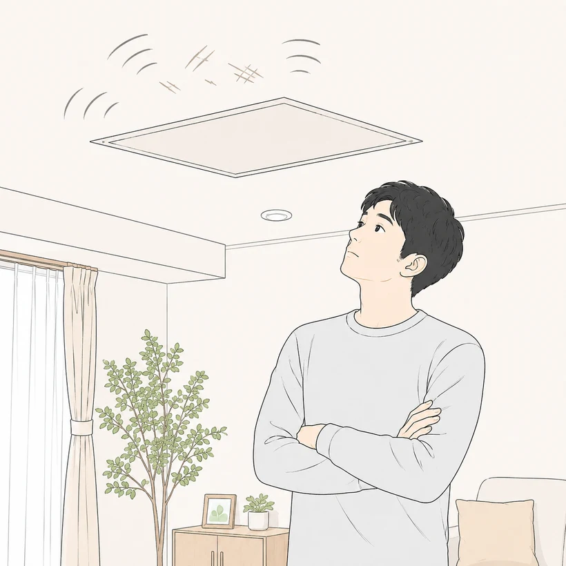 天井裏の音を気にして見上げる男性のイラスト