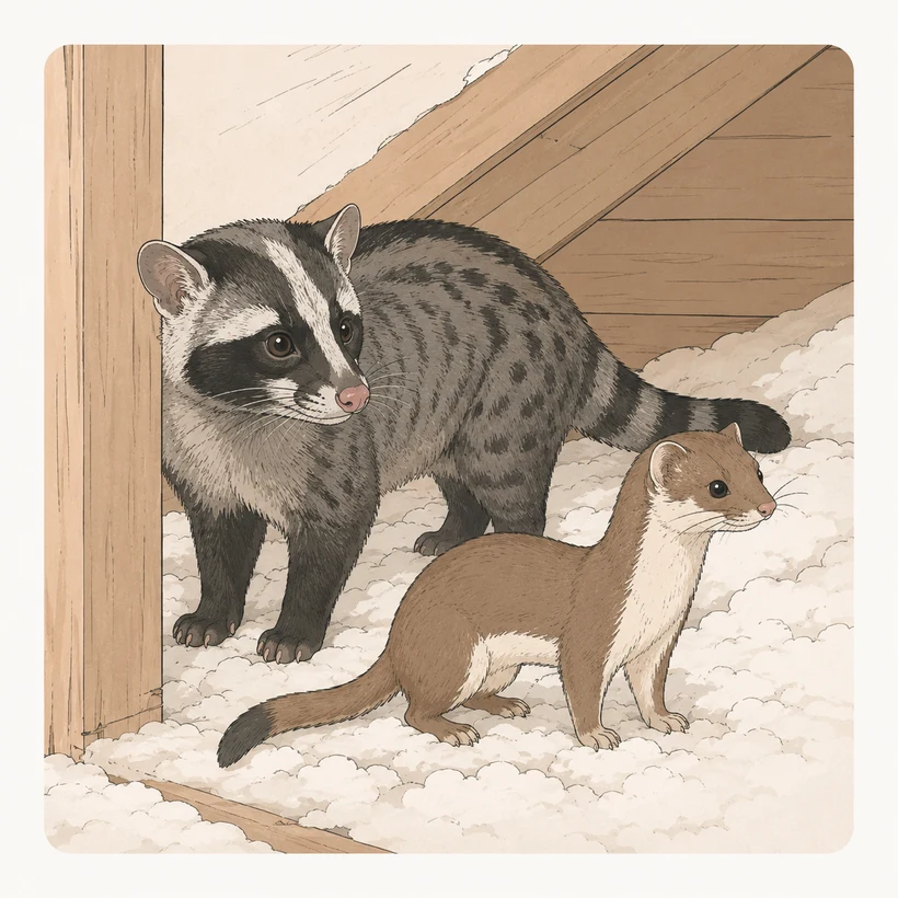 屋根裏にいるハクビシンとイタチのイラスト
