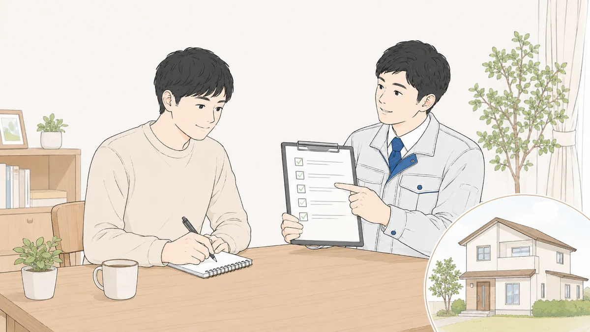 住人がメモを取り作業員がチェックリストを説明するイラスト