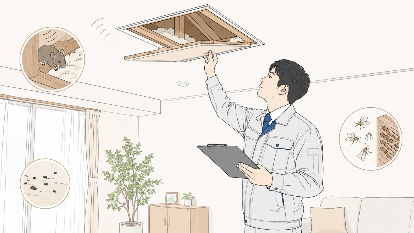 天井点検口を確認する作業員と害獣・シロアリのサインを示したイラスト