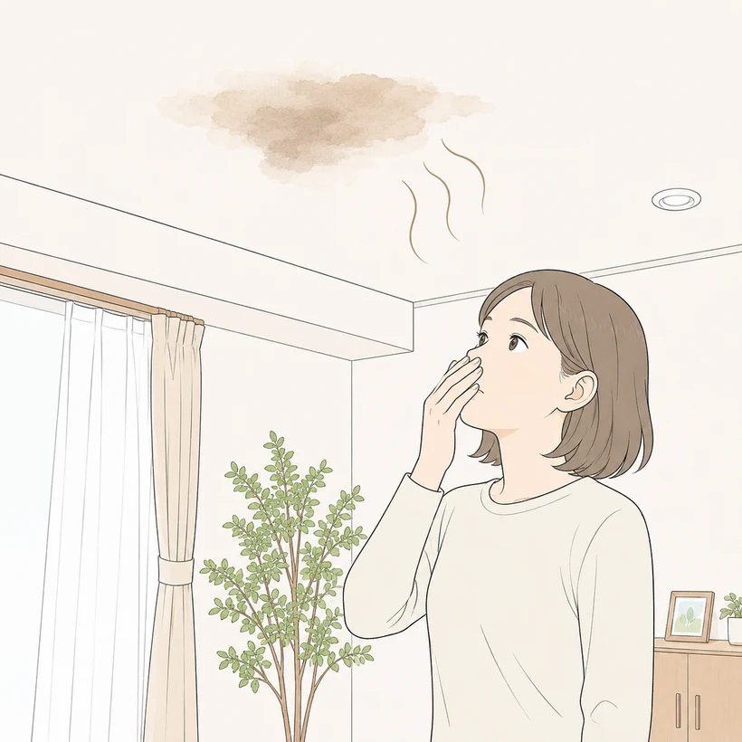天井のシミと臭いを気にする女性のイラスト