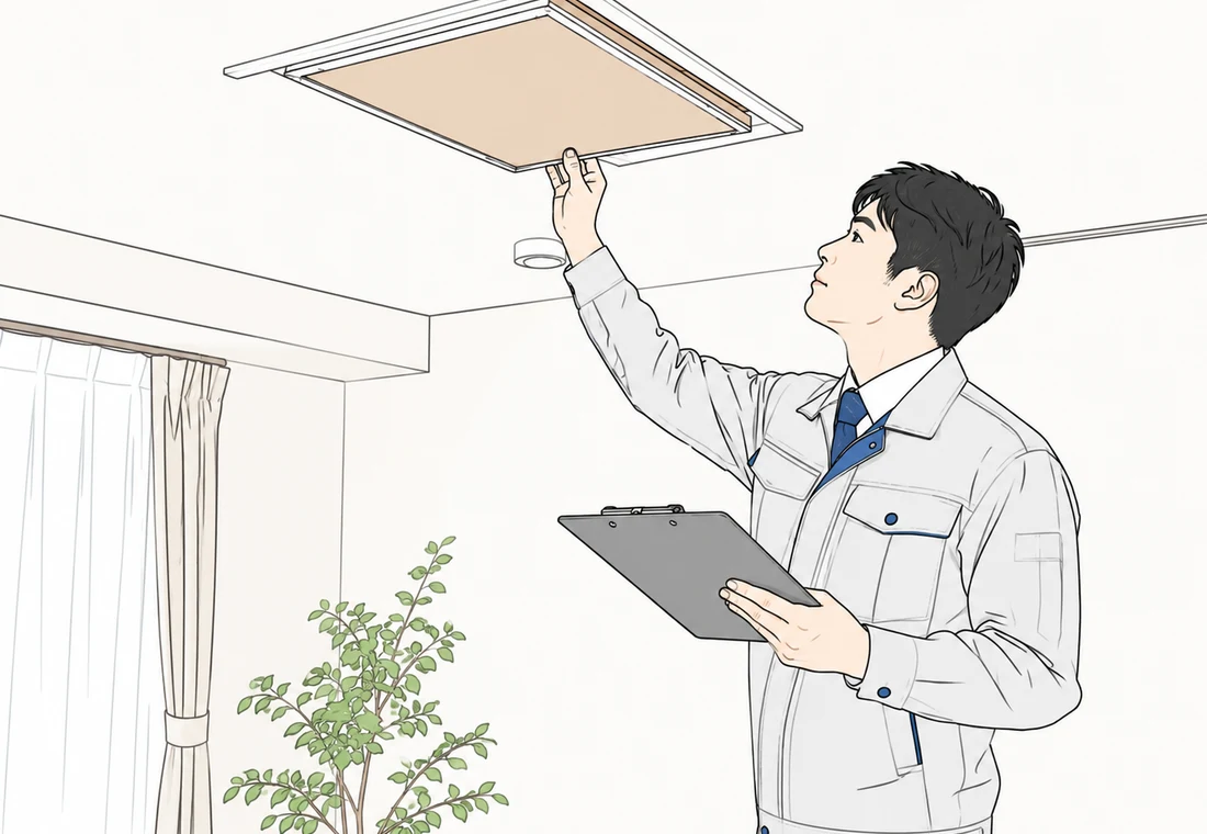 天井点検口を開けて確認する作業員のイラスト