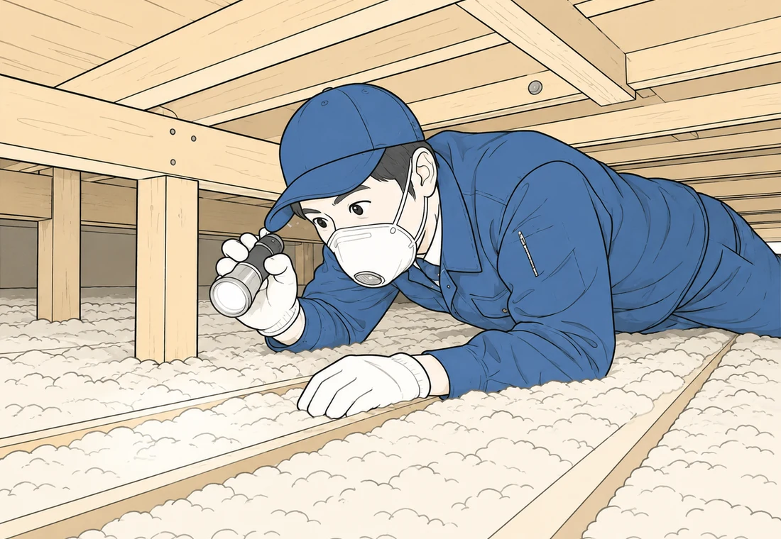 床下でライトを使って点検する作業員のイラスト