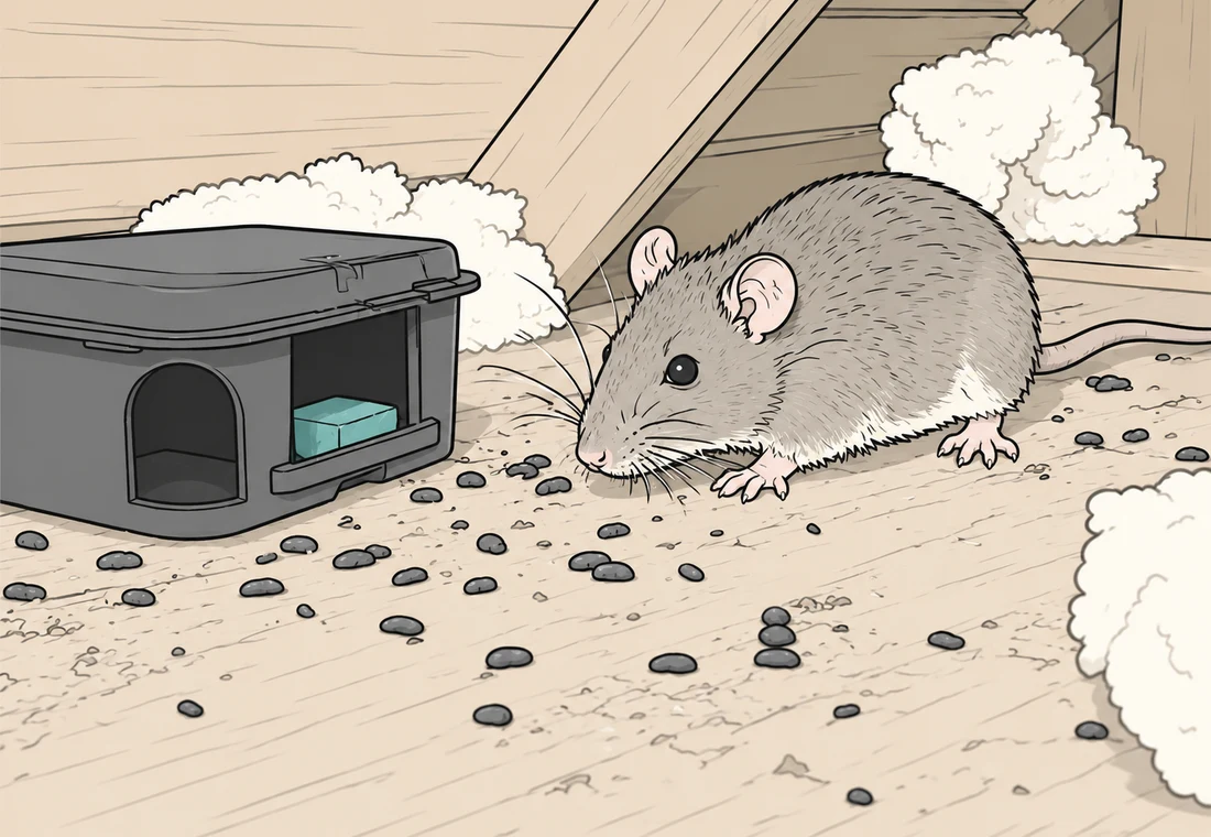 屋根裏のネズミと黒いフン、捕獲器を示すイラスト