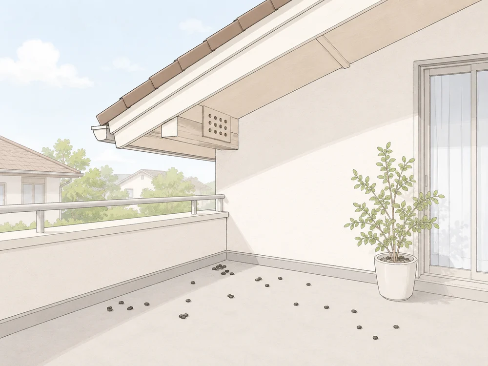 ベランダや軒下に黒いフンが落ちている様子のイラスト
