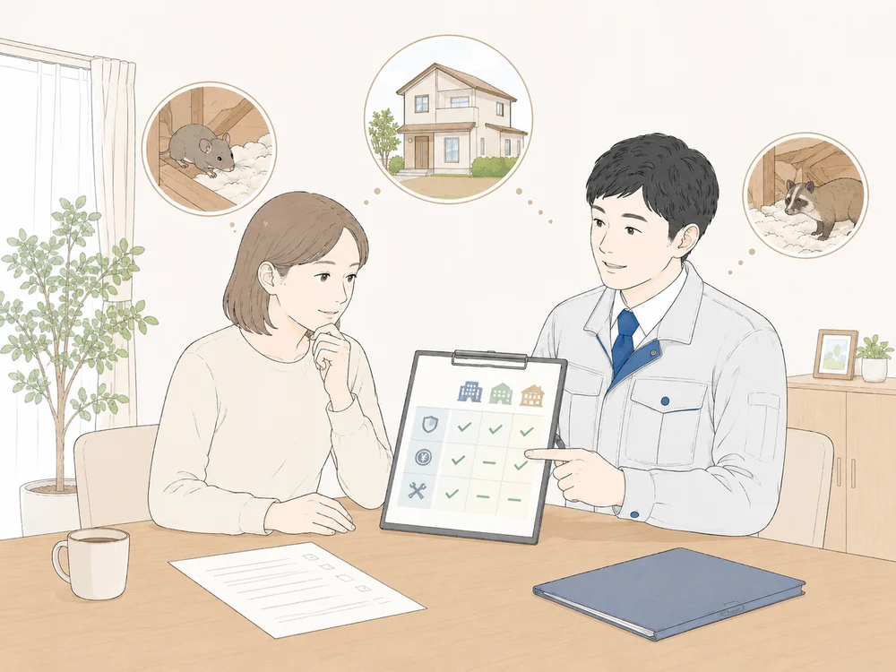 作業員と住人がチェック表を見ながら害獣駆除業者を比較するイラスト