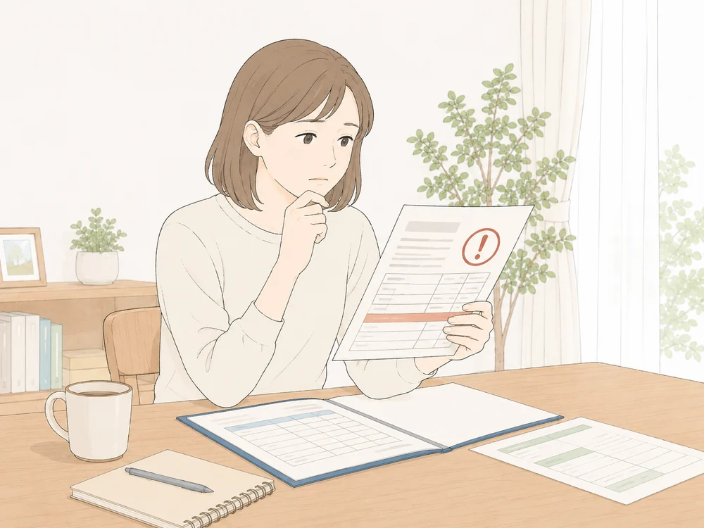 高い見積書を見て不安そうに確認する女性のイラスト