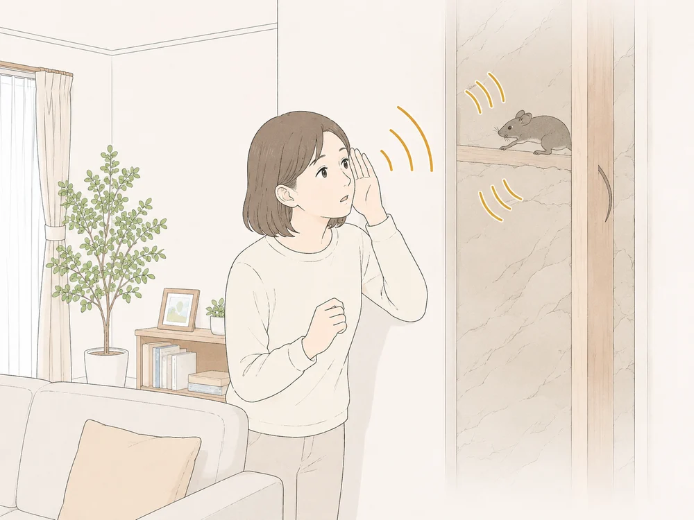 壁の中からカリカリ音がして住人が耳を澄ませるイラスト
