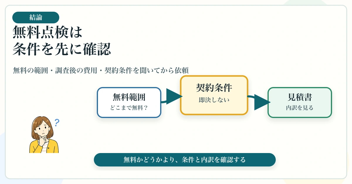 シロアリ無料点検で無料範囲・調査後費用・契約条件を確認する図解