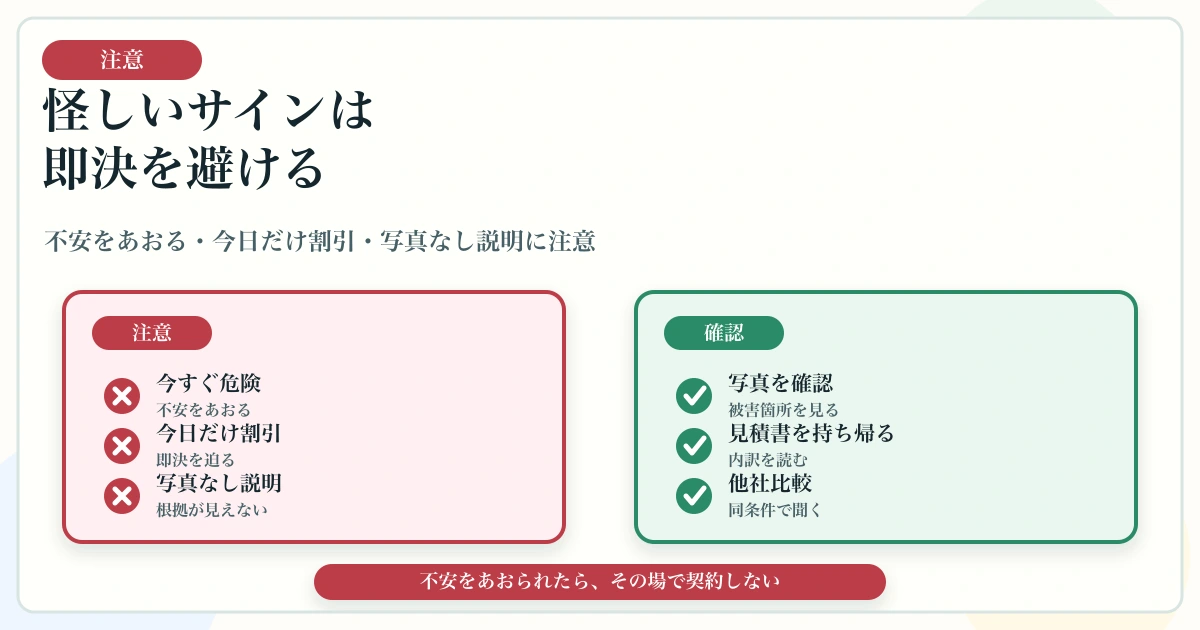 シロアリ無料点検で不安をあおる即決営業や写真なし説明に注意する図解