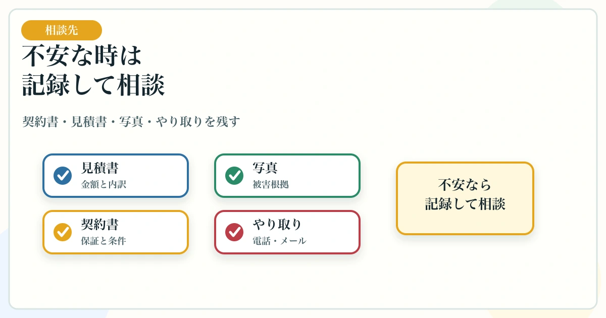 シロアリ点検や契約が不安な時に見積書・写真・やり取りを残して相談する図解