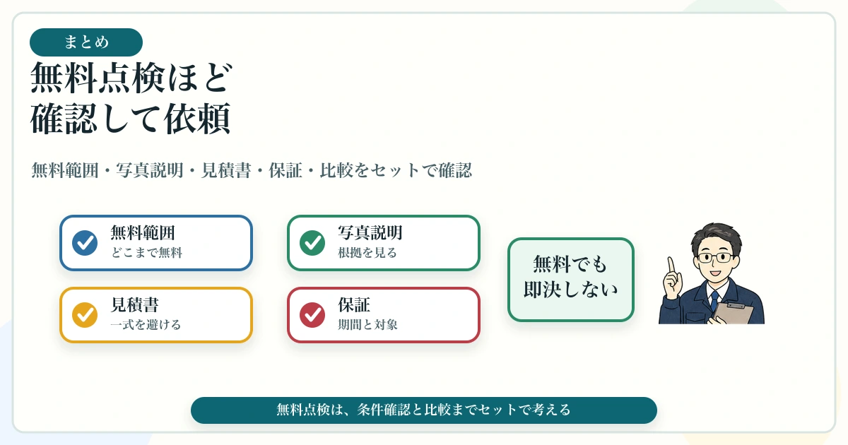 シロアリ無料点検で無料範囲・写真説明・見積書・保証・比較を確認するまとめ図解