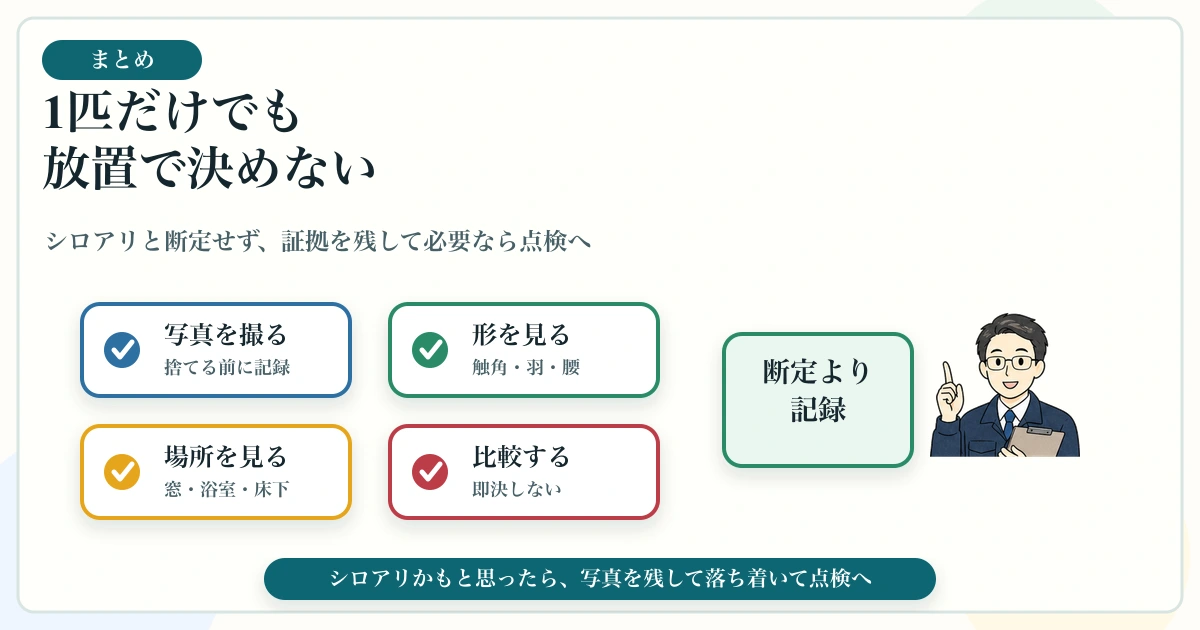 羽アリが1匹だけ出た時に写真・見分け・場所・相談を行うまとめ図解