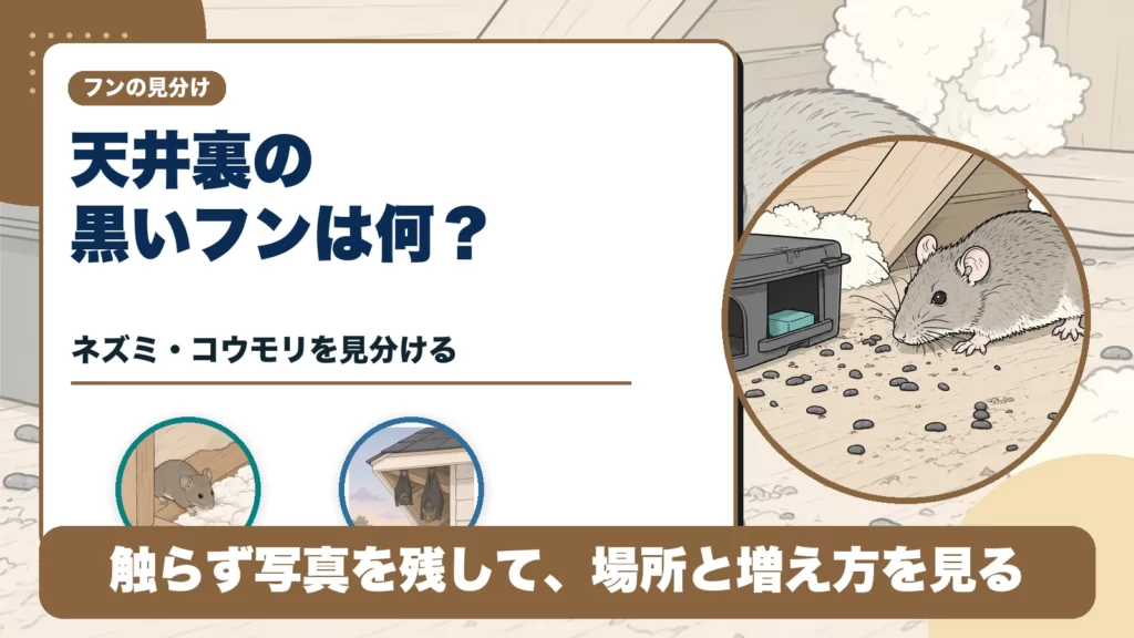 天井裏の黒いフンはネズミ？コウモリ？見分け方と触らない確認方法のアイキャッチ画像